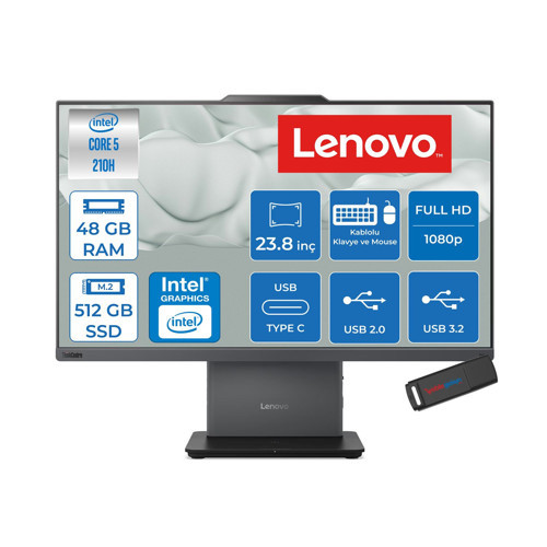 Neo 50A Thinkcentre Intel Core 5 210H 4.8ghz 48GB 512GB SSD Intel Graphics 23.8" Fhd IPS 250NITS 99% Srgb Windows 11 Home All In One Bilgisayar 12SC004VTRH17 + Zettausb