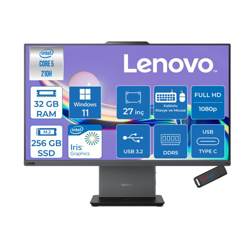 Thinkcentre Neo 50A 27 Gen5 Intel Core 5 210H 4.8ghz 32GB Ddr5 256GB SSD Windows 11 Home Intel Graphics 27 Inç Fhd (1920X1080) IPS 300NITS 99% Srgb 100Hz TC12SAA05QTRH11 + Zetta Flash Bellek