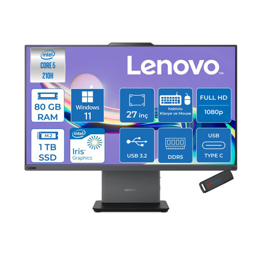 Thinkcentre Neo 50A 27 Gen5 Intel Core 5 210H 4.8ghz 80GB Ddr5 1tb SSD Windows 11 Pro Intel Graphics 27 Inç Fhd (1920X1080) IPS 300NITS 99% Srgb 100Hz TC12SAA05QTRP33 + Zetta Flash Bellek
