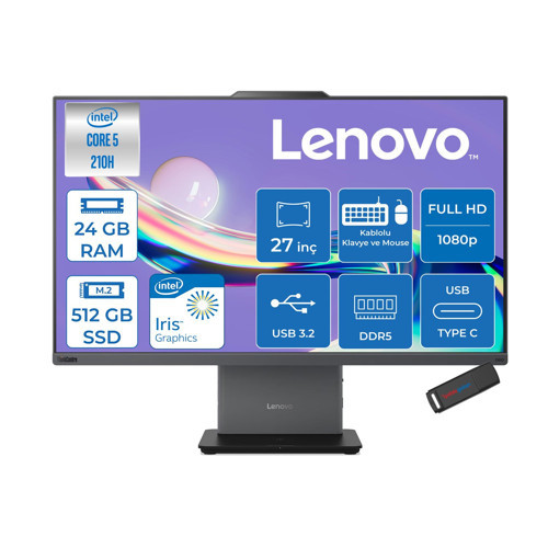 Thinkcentre Neo 50A 27 Gen5 Intel Core 5 210H 4.8ghz 24GB Ddr5 512GB SSD Freedos Intel Graphics 27 Inç Fhd (1920X1080) IPS 300NITS 99% Srgb 100Hz TC12SAA05QTRF07 + Zetta Flash Bellek