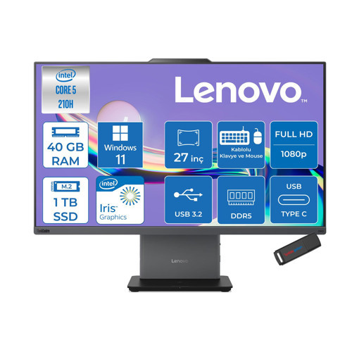 Thinkcentre Neo 50A 27 Gen5 Intel Core 5 210H 4.8ghz 40GB Ddr5 1tb SSD Windows 11 Pro Intel Graphics 27 Inç Fhd (1920X1080) IPS 300NITS 99% Srgb 100Hz TC12SAA05QTRP18 + Zetta Flash Bellek