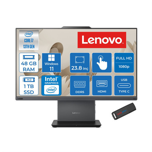 Thinkcentre Neo 50A 24 Gen5 Intel Core I7-13620H 48GB Ddr5 1tb SSD Windows 11 Pro UHD Graphics 23.8 Inç Fhd (1920X1080) IPS 250NITS All In One Bilgisayar TC12SCA0CNTRP23 + Zetta Flash Bellek