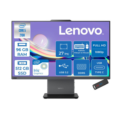 Thinkcentre Neo 50A 27 Gen5 Intel Core 5 210H 4.8ghz 96GB Ddr5 512GB SSD Freedos Intel Graphics 27 Inç Fhd (1920X1080) IPS 300NITS 99% Srgb 100Hz TC12SAA05QTRF37 + Zetta Flash Bellek