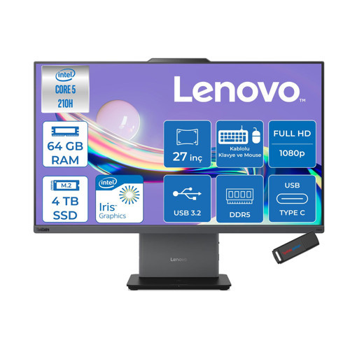 Thinkcentre Neo 50A 27 Gen5 Intel Core 5 210H 4.8ghz 64GB Ddr5 4tb SSD Freedos Intel Graphics 27 Inç Fhd (1920X1080) IPS 300NITS 99% Srgb 100Hz TC12SAA05QTRF30 + Zetta Flash Bellek