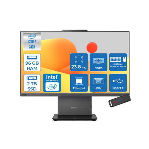 Thınkcentre Neo 50A Intel Core 7 240H 96GB Ddr5 2tb SSD Intel Graphics 23.8" Fhd IPS 250NITS 99% Srgb Windows 11 Pro All In One Bilgisayar 12SC004MTRP23 + Zettausbbellek
