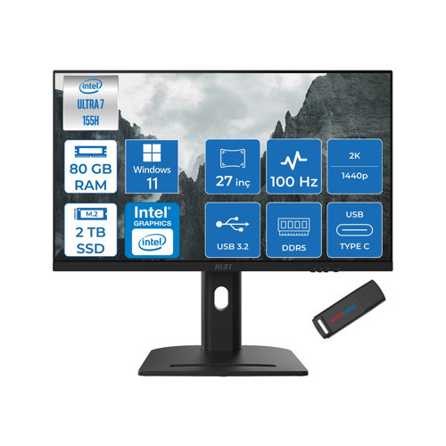Modern AM273QP Aı 1UM-241XTR Intel Core Ultra 7-155H 80GB Ddr5 2tb SSD Intel® Arc™ Graphics 100Hz 27 Inç 2k Wqhd 2560X1440 IPS WIN11PRO Siyah Allinone BILG.241XTRP24+ZETTAUSBBELLEK