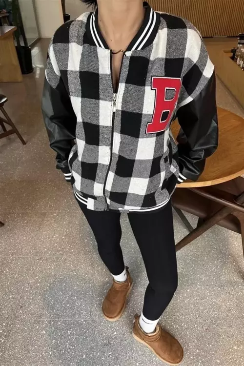 Pötikare Desenli Nakışlı Siyah Kolej Ceket - College Jacket