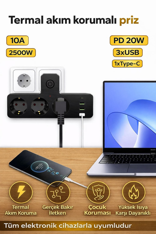 Termal Akım Korumalı 3 Priz / 3 Usb / 1 Typec 20w Girişli 2500W Duvar Tipi 3 Lü Priz