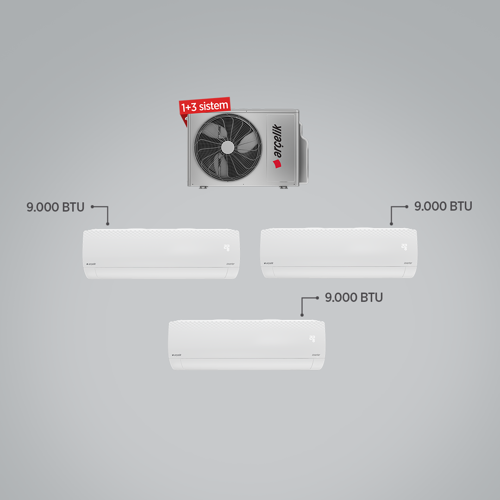 - 9000 BTU + 9000 BTU + 9000 BTU İç Ünite (1 adet Dış Ünite = 3 adet İç Ünite) 18000 BTU 1+3 Multi Inverter Klima
