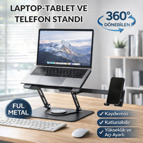 360 Dönebilen Full Metal Laptop Tablet Telefon Standı – Katlanabilir, Kaydırmaz, Yükseklik ve Açı Ayarlı Ergonomi