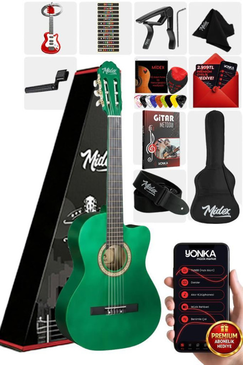 CG-395GRN Yeşil Renk Kesik Klasik Gitar 4/4 Yetişkin Boy Sap Ayarlı Full Set