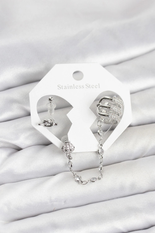 Pirinç Gümüş Renk Sarmal Model Zincir Bağlantılı Ear Cuff Küpe Seti - TJ-BKP11537