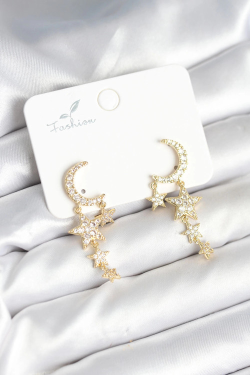 Ay ve Yıldız Model Gold Renk Pirinç Kadın Küpe - TJ-BKP11295