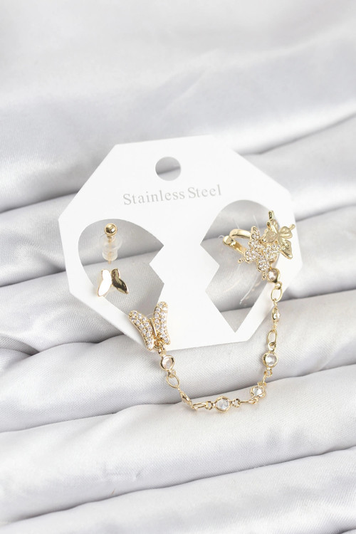 Pirinç Gold Renk Kelebek Model Zincir Bağlantılı Ear Cuff Küpe Seti - TJ-BKP11534