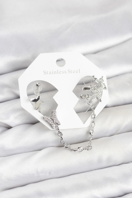 Pirinç Gümüş Renk Kelebek Model Zincir Bağlantılı Ear Cuff Küpe Seti - TJ-BKP11535
