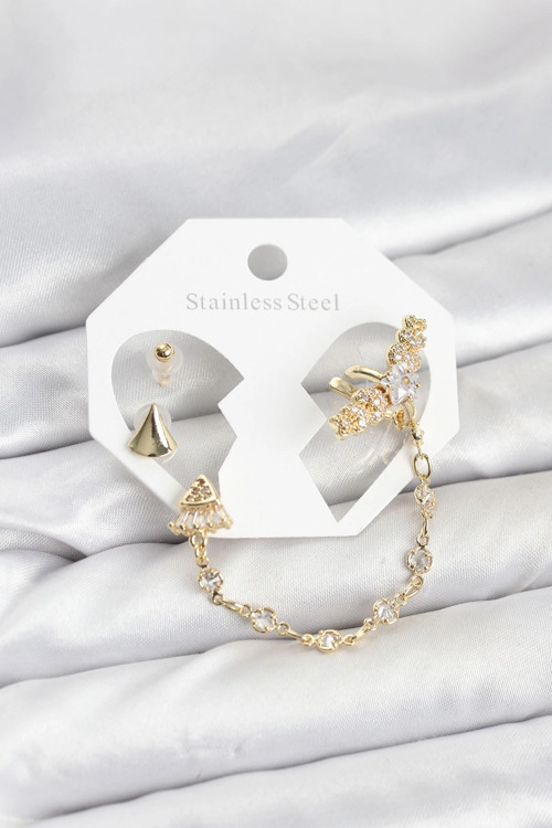 Pirinç Gold Renk Yıldızlı Model Zincir Bağlantılı Ear Cuff Küpe Seti - TJ-BKP11540