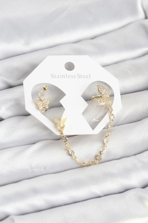 Kelebek Model Pirinç Gold Renk Zincir Bağlantılı Ear Cuff Küpe Seti - TJ-BKP11548