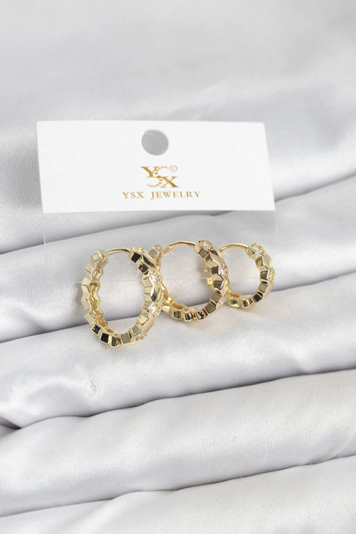 Pirinç Gold Renk Zirkon Taşlı Petek Halka Model YSX Trio Küpe Seti - TJ-BKP11566