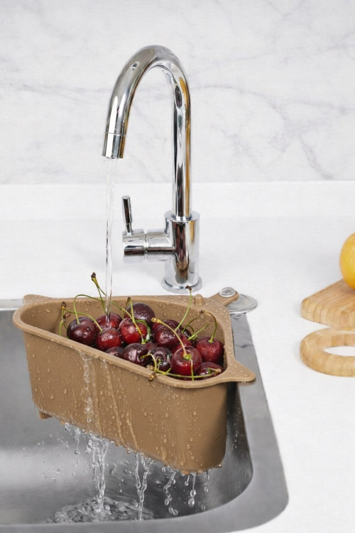 Vantuzlu Üçgen Lavabo Süzgeci Mutfak Evye Köşe Süzgeci Bej