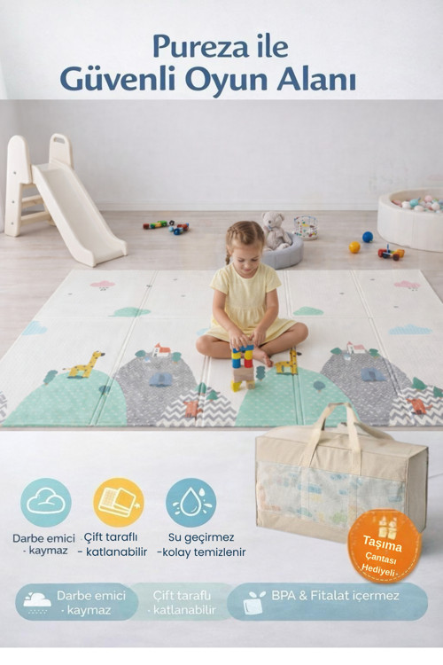 Çift Taraflı Katlanabilir Oyun Matı 200cmx130cmx1cm Kaymaz, Darbe Emici, Su Geçirmez, Bebek ve Çocuklar İçin |Taşıma Çantası Hediyeli (Yerli Üretim)