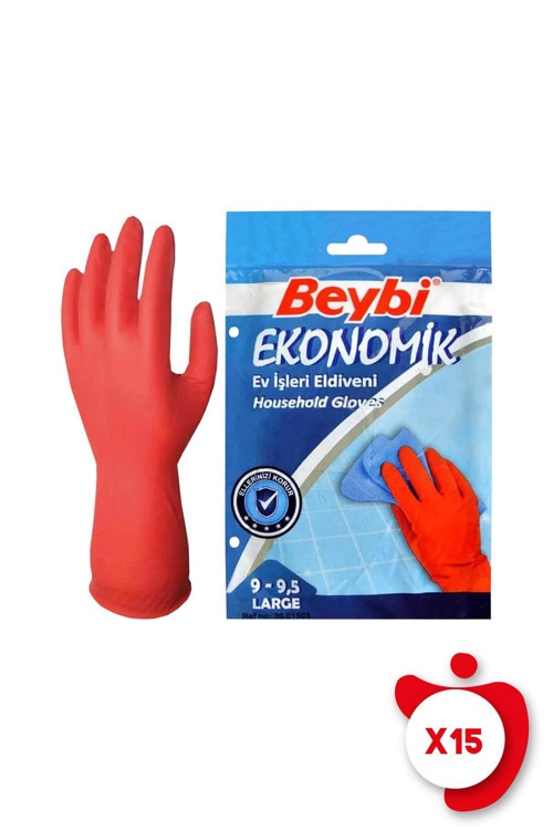 Ekonomik Ev İşleri ve Bulaşık Eldiveni 9-9,5 Beden Kırmızı 15 Paket