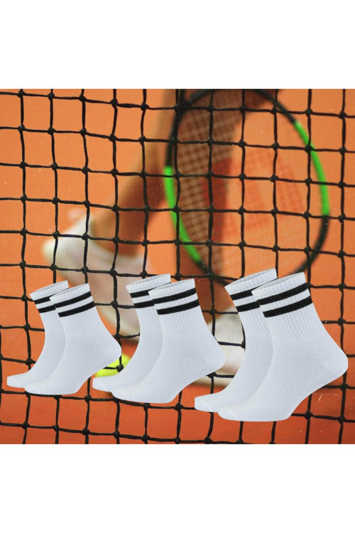 Unisex Tenis Kolej Çizgili Premium Siyah-Beyaz Dikişsiz Soket Çorap 3 Çift