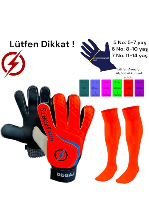 Degaj Yetişkin Big Çocuk Kaleci Eldiveni Goalkeeper Gloves Bilek Bandajlı Neon Turuncu Çorap