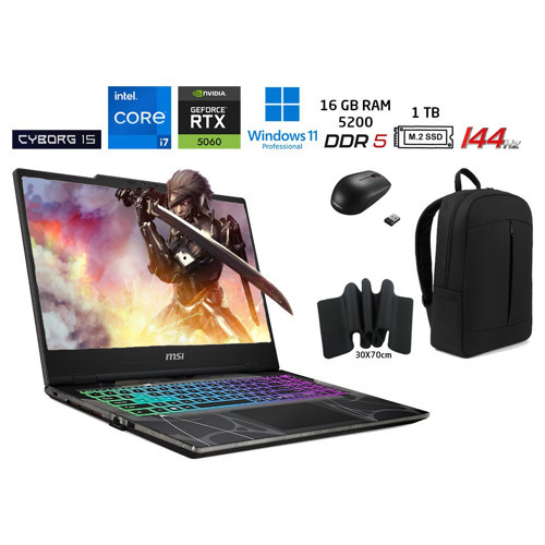 cyborg 15 B13WFKG-490XTR Intel Corei7 13620H 16GB 1tbssd RTX5060 W11PRO 15.6" Fhd 144Hz Duddi Çanta+Mouse+Mousepad