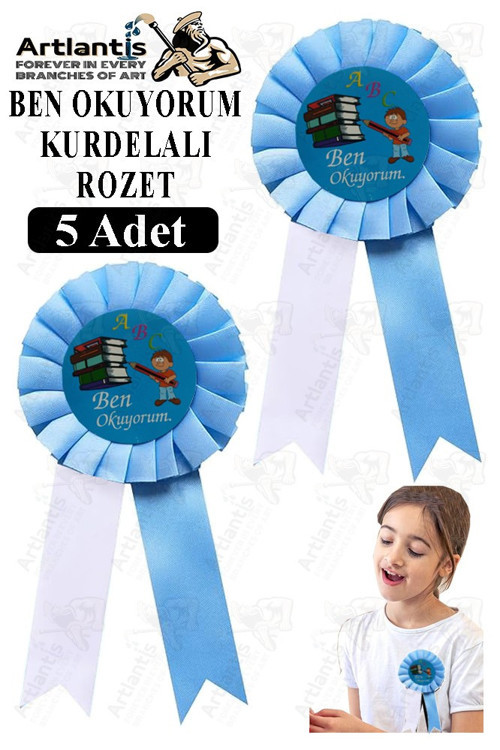 Ben Okuyorum Kurdelalı Rozet 5 Adet Mavi Beyaz Yaka Rozeti Çocuk Bayram Etkinlik 15 cm Kokart