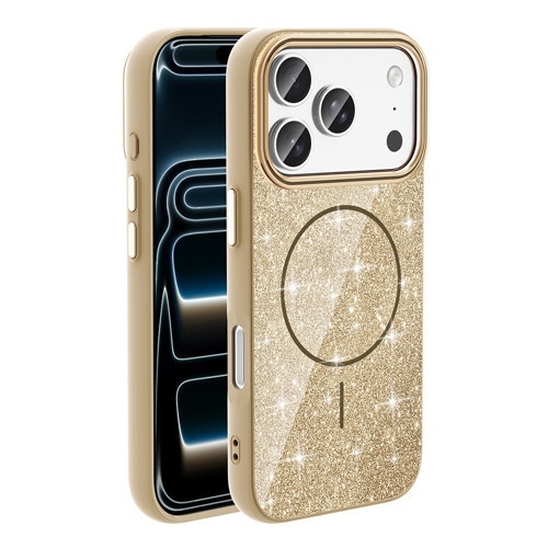 iPhone 17 Pro Max Kılıf M-safe Şarj Özellikli Parlayan Simli MKST Okso Kapak - Gold