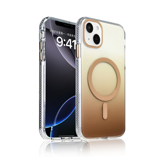 iPhone 15 Kılıf M-safe Şarj Özellikli Transparan Renk Geçişli MKST Toros Kapak - Gold