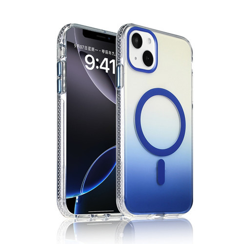 iPhone 15 Kılıf M-safe Şarj Özellikli Transparan Renk Geçişli MKST Toros Kapak - Mavi