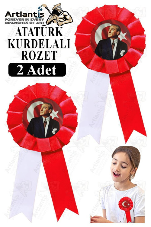 Atatürk Kurdelalı Rozet 2 Adet Kırmızı Beyaz Yaka Rozeti Çocuk Bayram Etkinlik 15 cm Kokart
