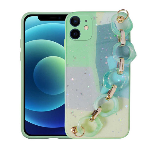 iPhone 12 Uyumlu Simli Desenli El Askılı Tutacaklı MKST Elsa Silikon Kılıf-Yeşil