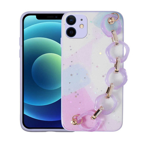 iPhone 12 Uyumlu Simli Desenli El Askılı Tutacaklı MKST Elsa Silikon Kılıf-Lila