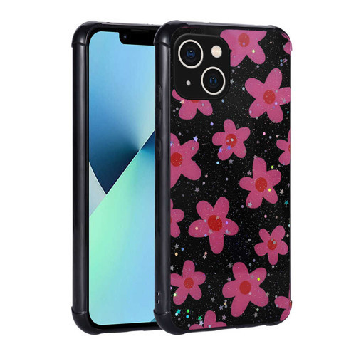 iPhone 13 Uyumlu Simli Desenli Kamera Korumalı Parlak MKST Popy Kılıf-Çiçek