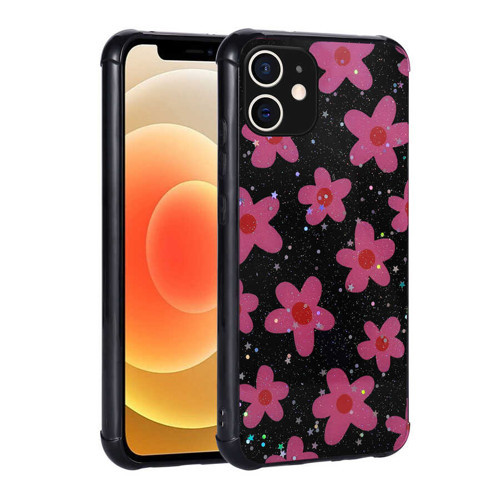 iPhone 12 Uyumlu Simli Desenli Kamera Korumalı Parlak MKST Popy Kılıf-Çiçek