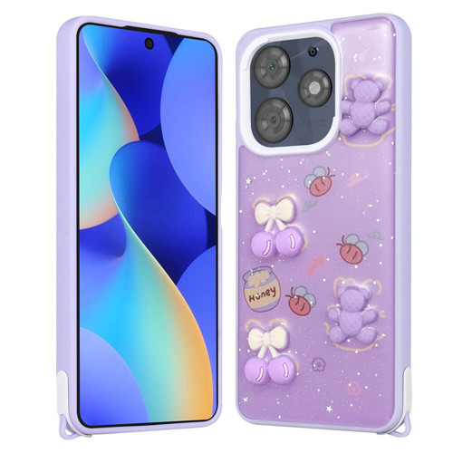Tecno Spark 10 Pro Kılıf Parlayan Sıvılı Simli Kabartma Figürlü MKST Cevze Kapak-Mor Ayı