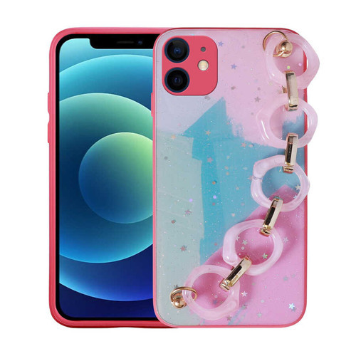 iPhone 12 Uyumlu Simli Desenli El Askılı Tutacaklı MKST Elsa Silikon Kılıf-Pembe Koyu