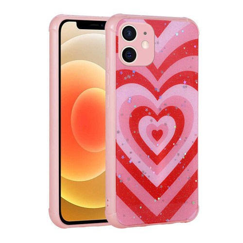 iPhone 12 Uyumlu Simli Desenli Kamera Korumalı Parlak MKST Popy Kılıf-Kalp