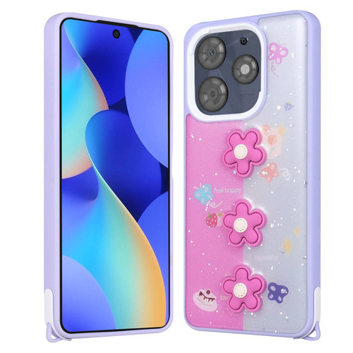 Tecno Spark 10 Pro Kılıf Parlayan Sıvılı Simli Kabartma Figürlü MKST Cevze Kapak-Mor PaNSM-ya