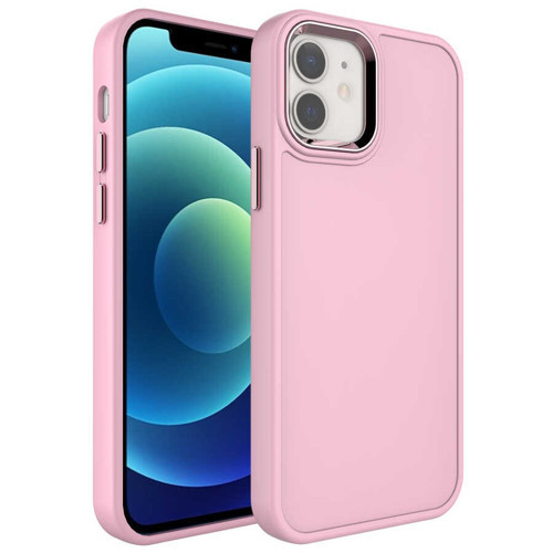 iPhone 12 Uyumlu Metal Çerçeve ve Buton Tasarımlı Sert MKST Botox Kılıf-Pembe Açık