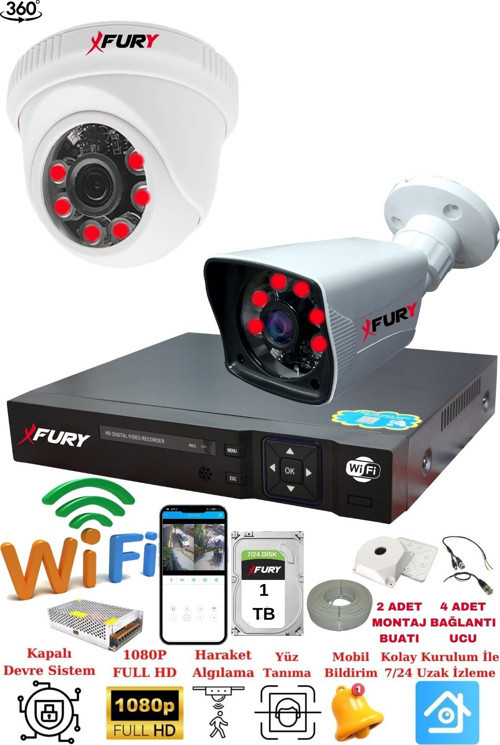 2 Kameralı 5mp 3.6mm Lens 2mp Görüntü 6 Atom Led Gece Görüşlü FullHd Güvenlik Kamerası 5525di 1TB