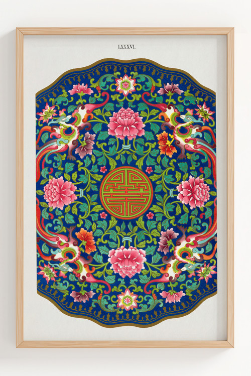Çiçek ve Ejderha Motifli Dekoratif Çerçeveli Poster - Renkli Duvar Sanatı