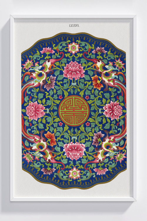 Çiçek ve Ejderha Motifli Dekoratif Çerçeveli Poster - Renkli Duvar Sanatı