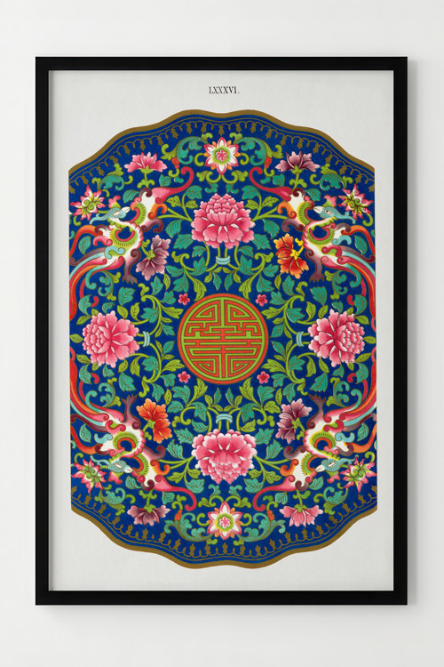 Çiçek ve Ejderha Motifli Dekoratif Çerçeveli Poster - Renkli Duvar Sanatı