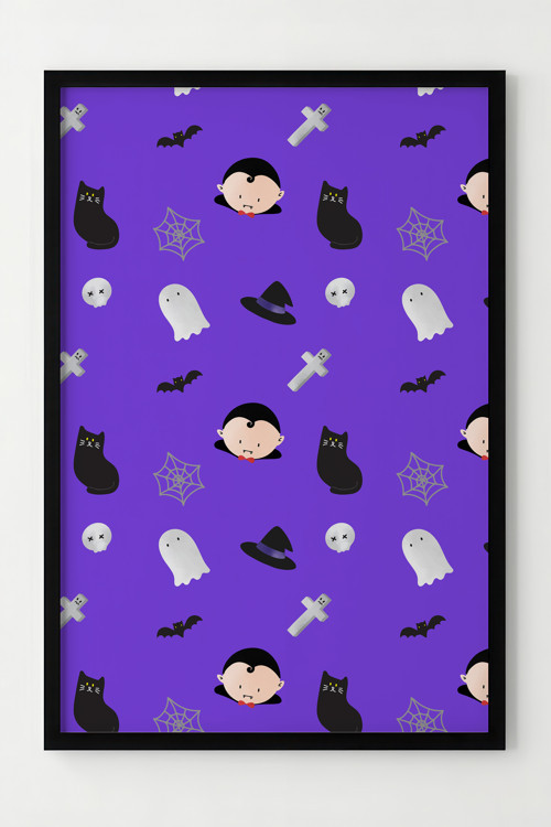 Halloween Desenli Kadife Dokulu Ahşap Çerçeveli Poster