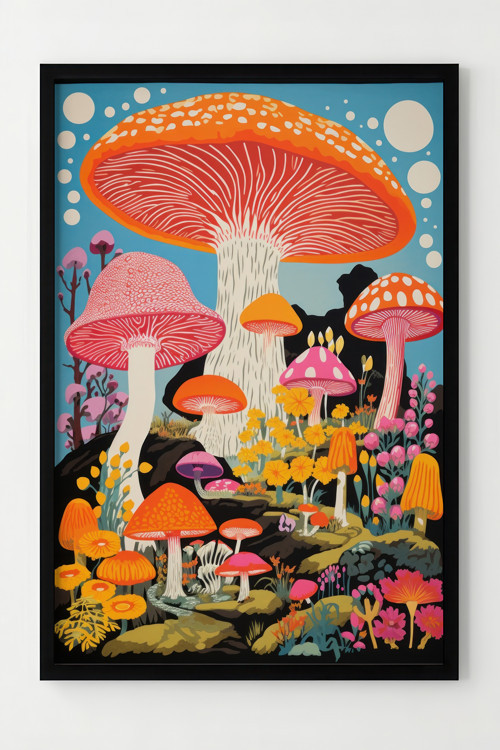 Renkli Mantarlı Doğa Temalı Çerçeveli Poster - Modern Duvar Dekoru
