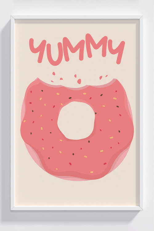 Pembe Donut Tasarımlı Ahşap Çerçeveli Modern Poster
