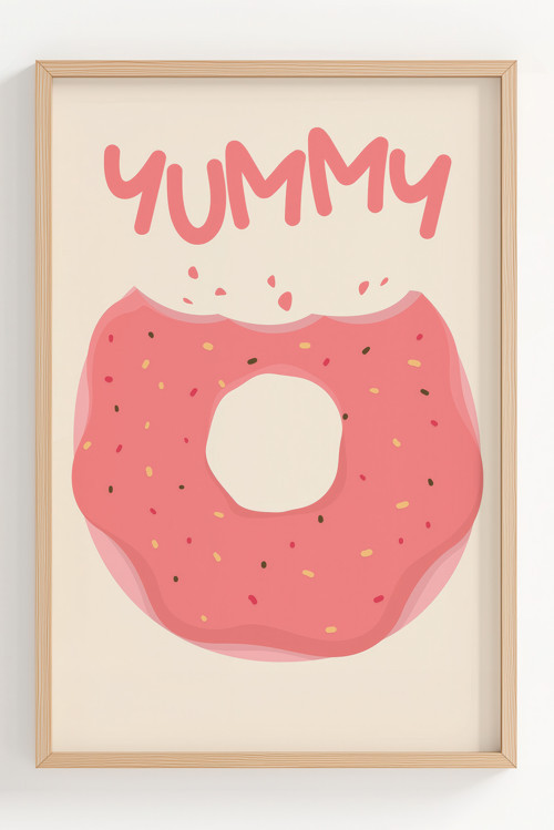Pembe Donut Tasarımlı Ahşap Çerçeveli Modern Poster